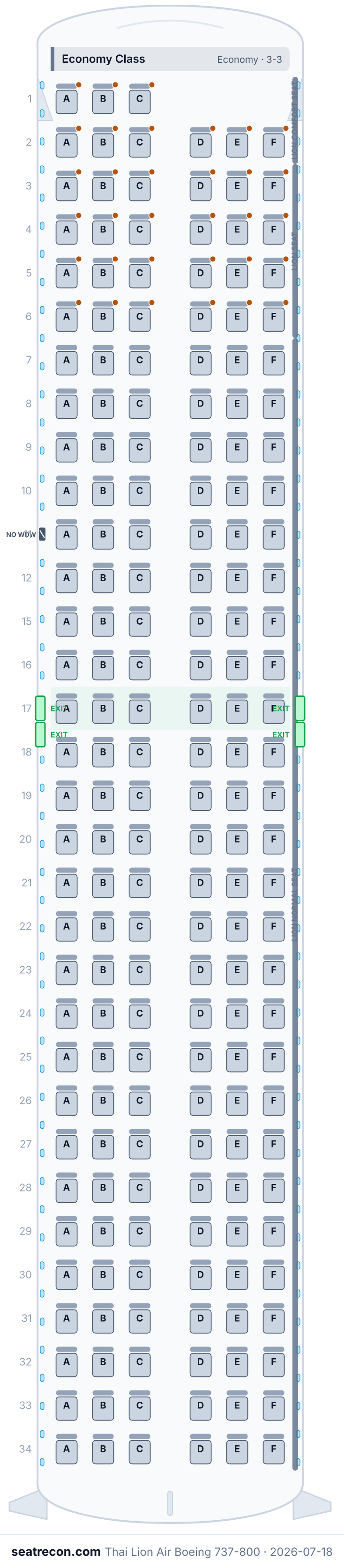 Thai Lion Air Boeing 737-800 seat map diagram — Economy Class (189 seats)
