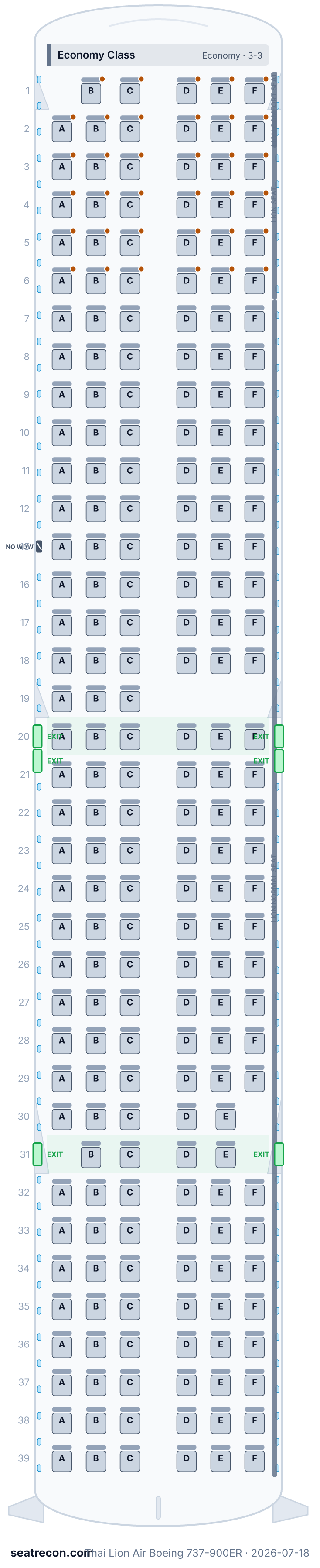 Thai Lion Air Boeing 737-900ER seat map diagram — Economy Class (215 seats)