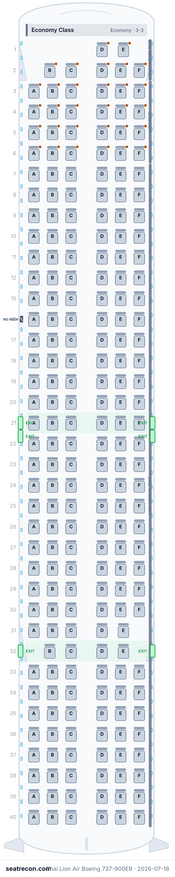 Thai Lion Air Boeing 737-900ER seat map diagram — Economy Class (220 seats)