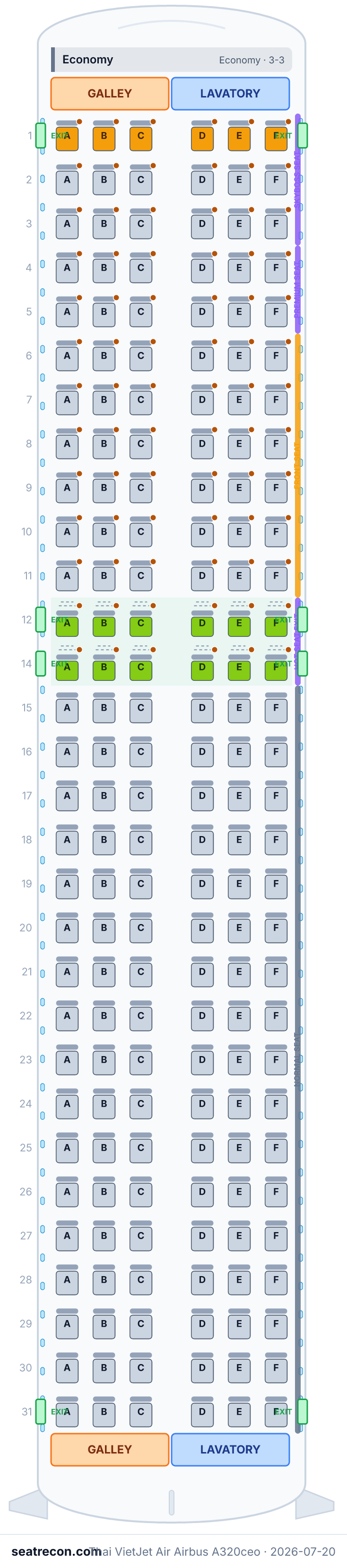 Mapa de asientos del Airbus A320ceo de Thai VietJet Air (12N/168Y)