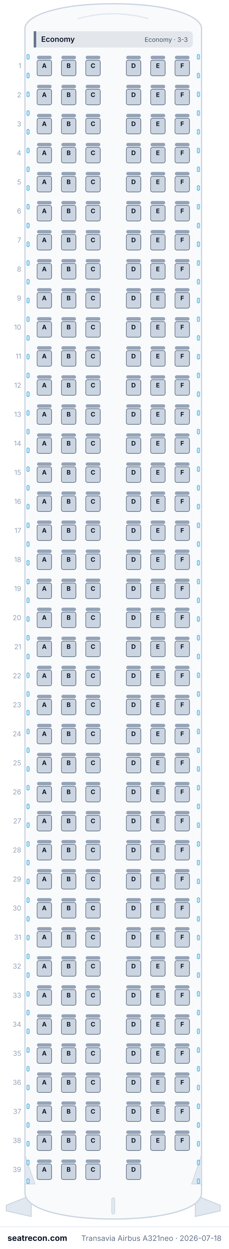 Transavia Airbus A321neo seat map diagram — Economy (232 seats)