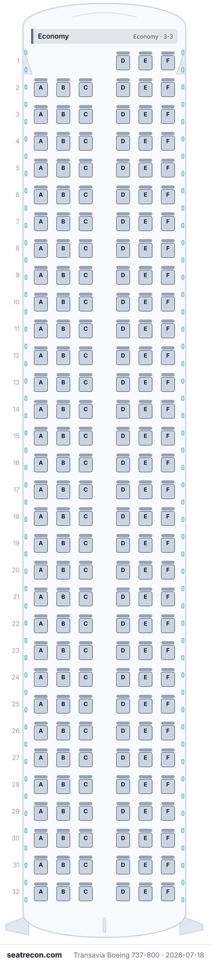 Transavia Boeing 737-800 seat map diagram — Economy (189 seats)