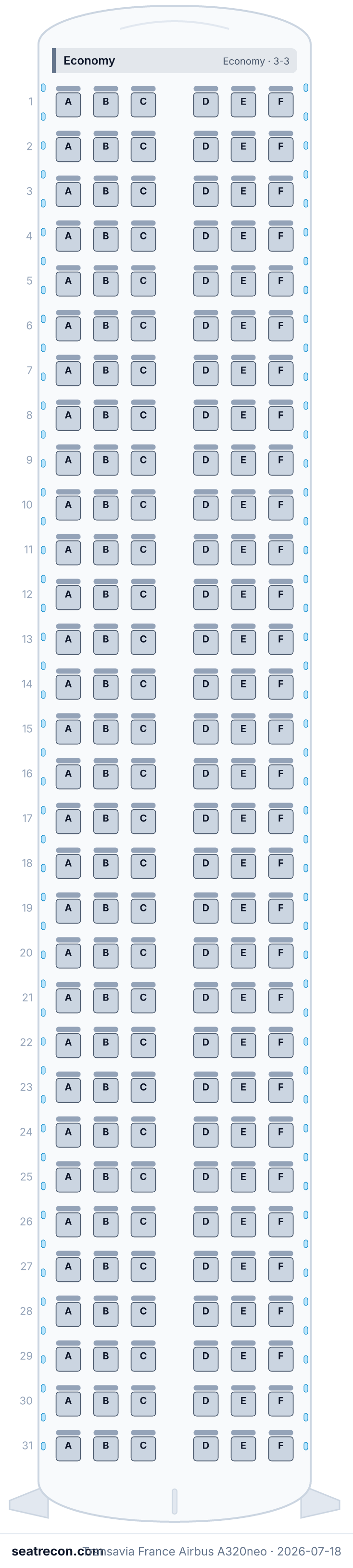 Transavia France Airbus A320neo seat map diagram — Economy (186 seats)