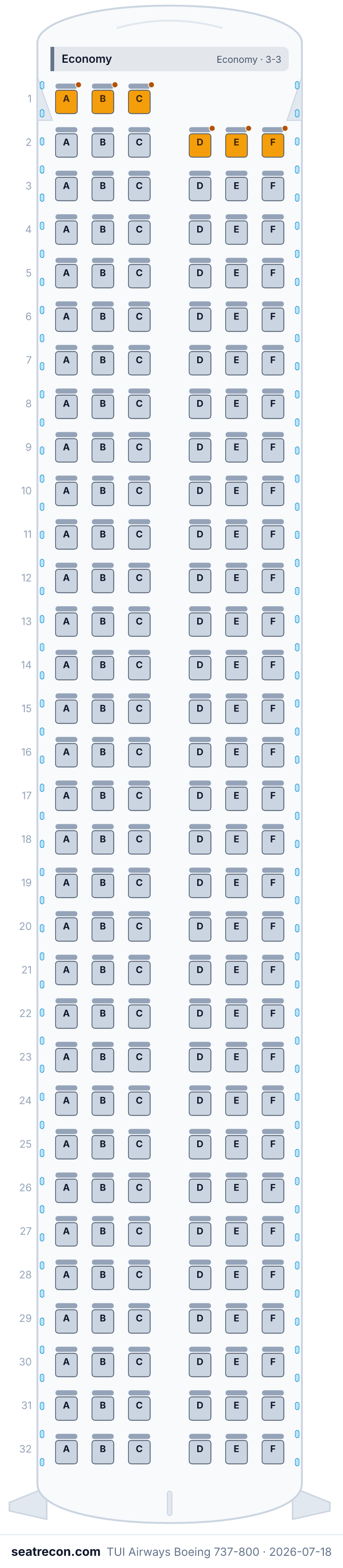 TUI Airways Boeing 737-800 seat map diagram — Economy (189 seats)