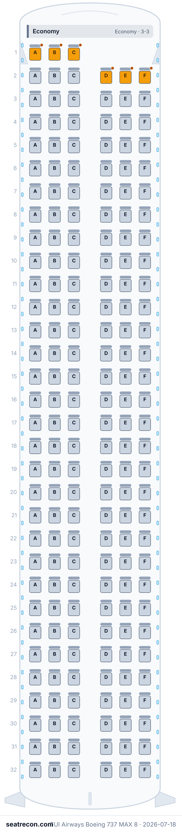 TUI Airways Boeing 737 MAX 8 seat map diagram — Economy (189 seats)