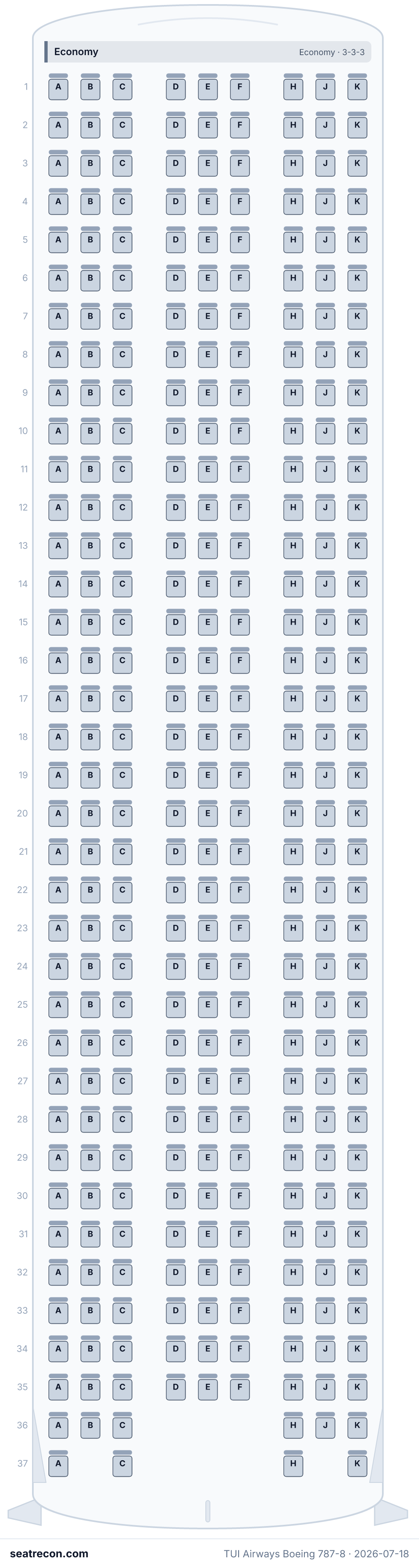 TUI Airways Boeing 787-8 seat map diagram — Economy (325 seats)
