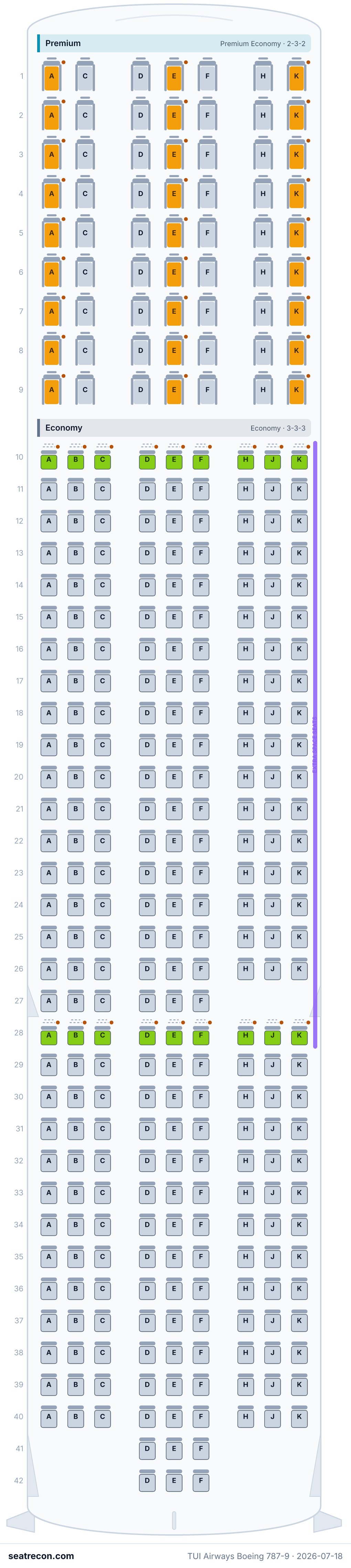 TUI Airways Boeing 787-9 seat map diagram — Premium, Economy (345 seats)