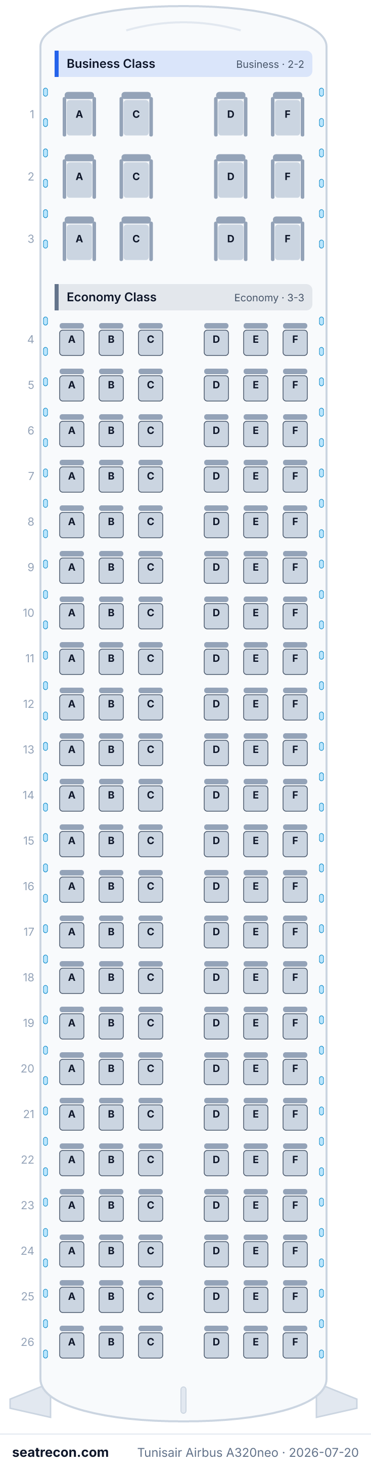 Tunisair Airbus A320neo seat map (12J/138Y)