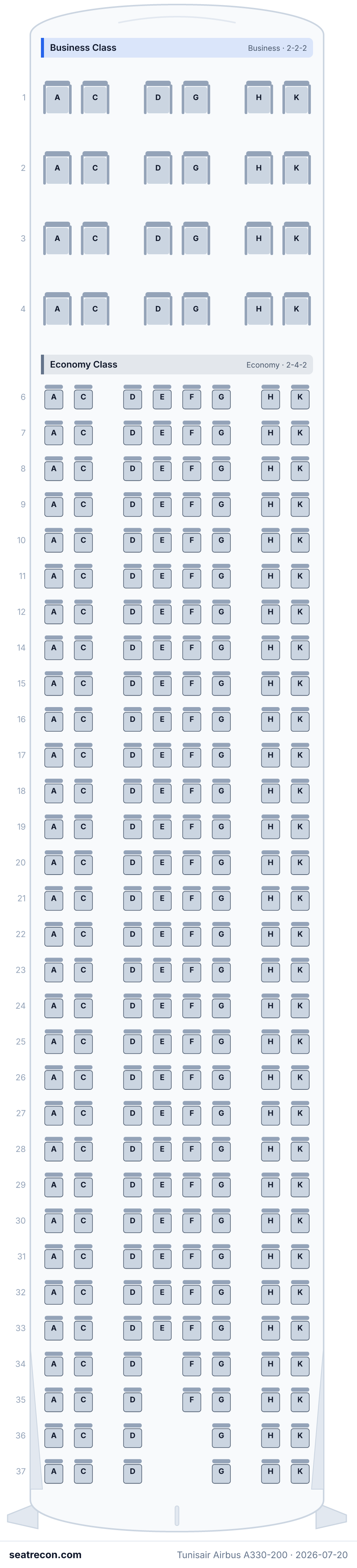 Tunisair Airbus A330-200 seat map (24J/242Y)