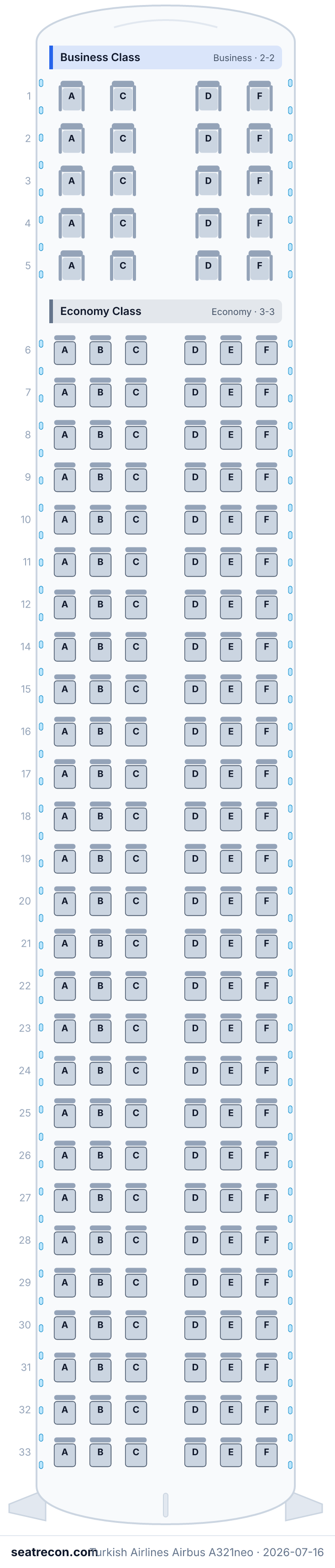 Turkish Airlines Airbus A321neo seat map diagram — Business Class, Economy Class (182 seats)