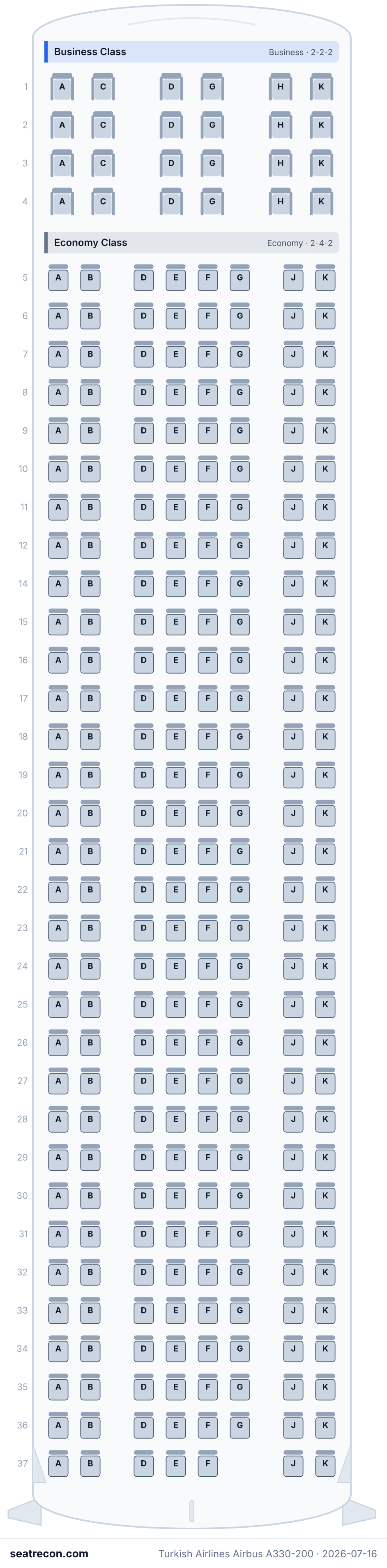 Turkish Airlines Airbus A330-200 seat map diagram — Business Class, Economy Class (279 seats)