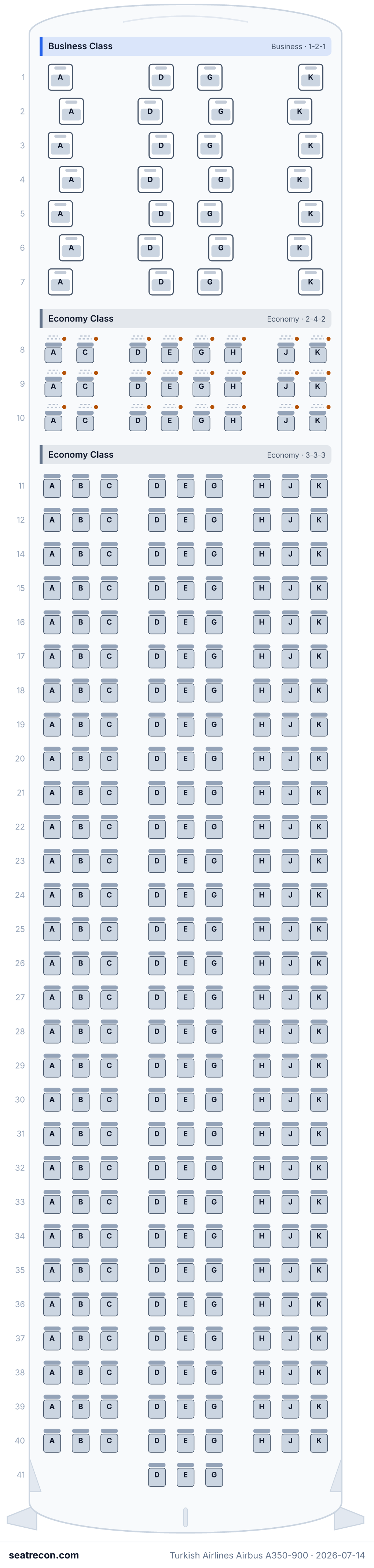 Turkish Airlines Airbus A350-900 seat map diagram — Business Class, Economy Class (316 seats)
