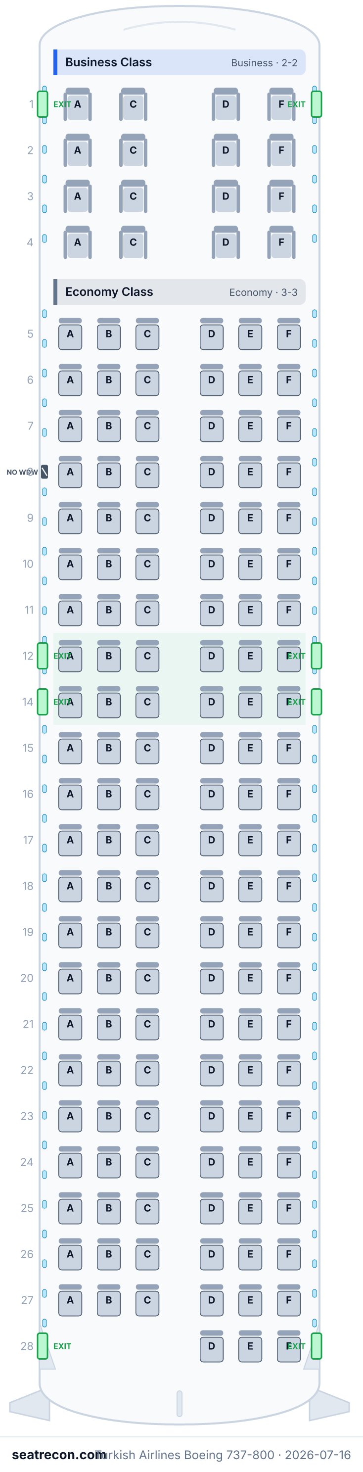 Turkish Airlines Boeing 737-800 seat map diagram — Business Class, Economy Class (151 seats)