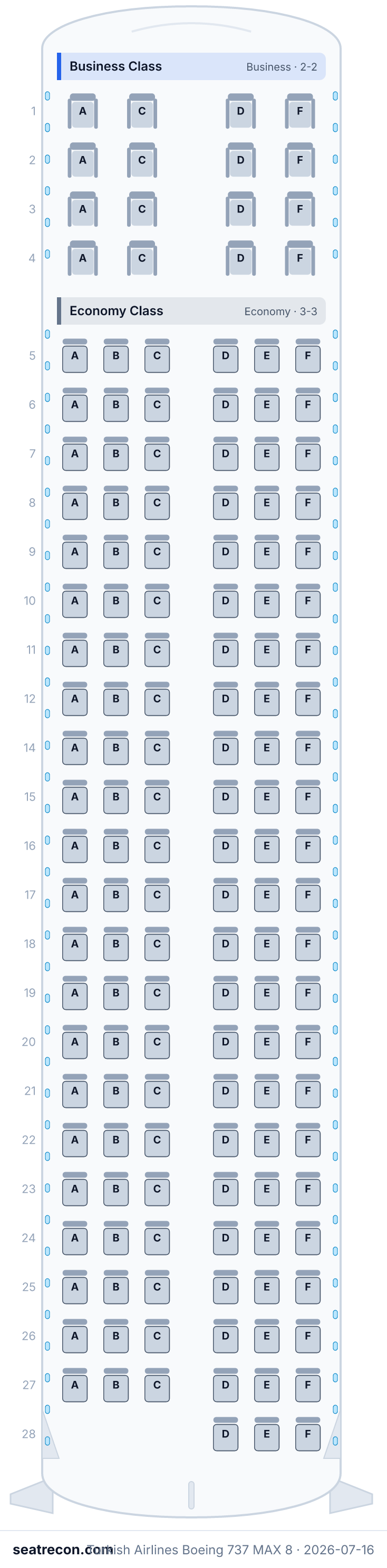 Turkish Airlines Boeing 737 MAX 8 seat map diagram — Business Class, Economy Class (151 seats)