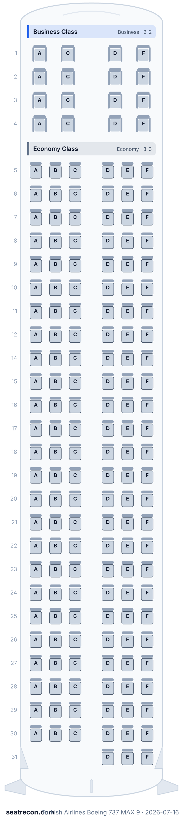 Turkish Airlines Boeing 737 MAX 9 seat map diagram — Business Class, Economy Class (169 seats)