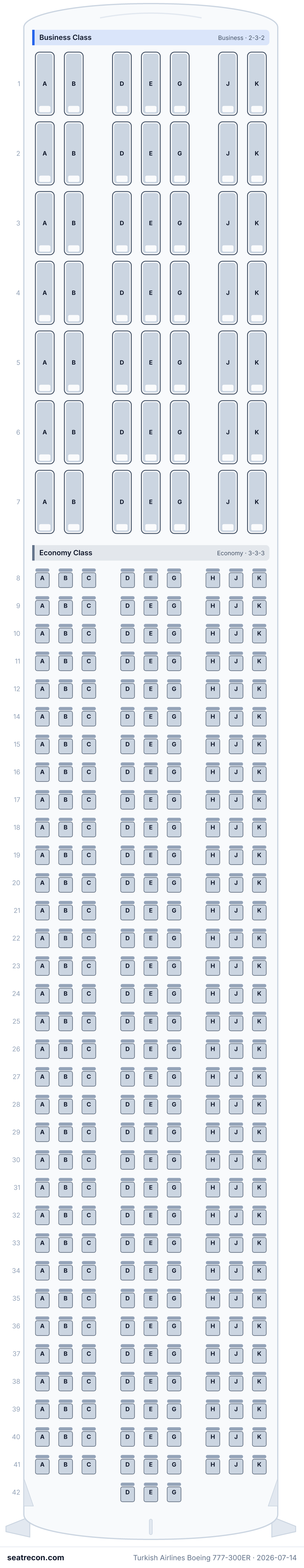 Turkish Airlines Boeing 777-300ER seat map diagram — Business Class, Economy Class (349 seats)