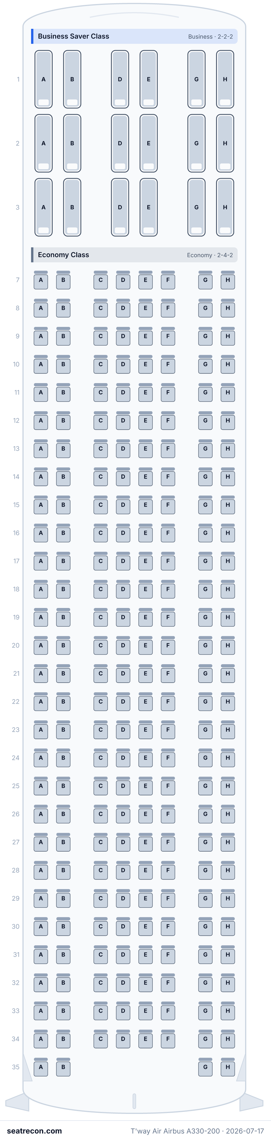 T'way Air Airbus A330-200 seat map diagram — Business Saver Class, Economy Class (246 seats)