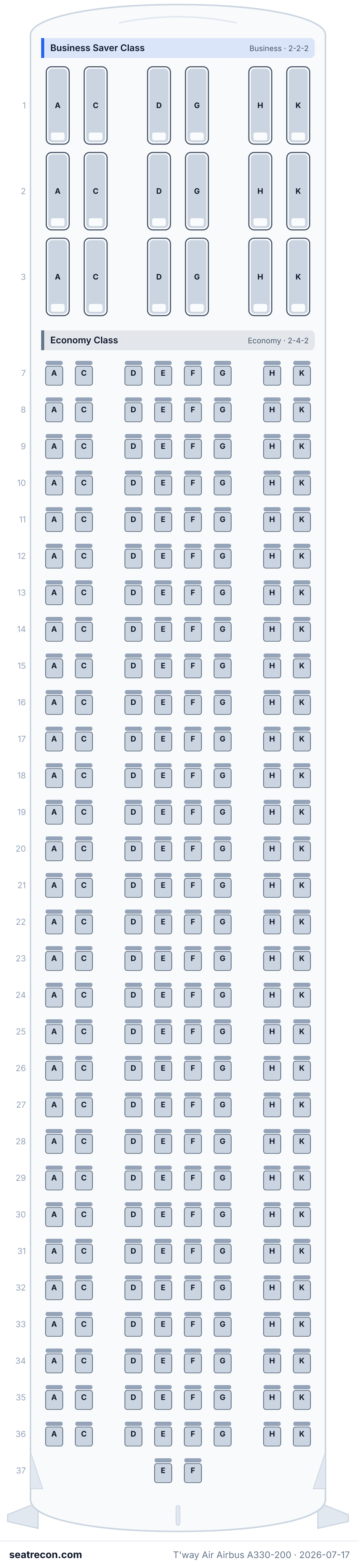 T'way Air Airbus A330-200 seat map diagram — Business Saver Class, Economy Class (260 seats)