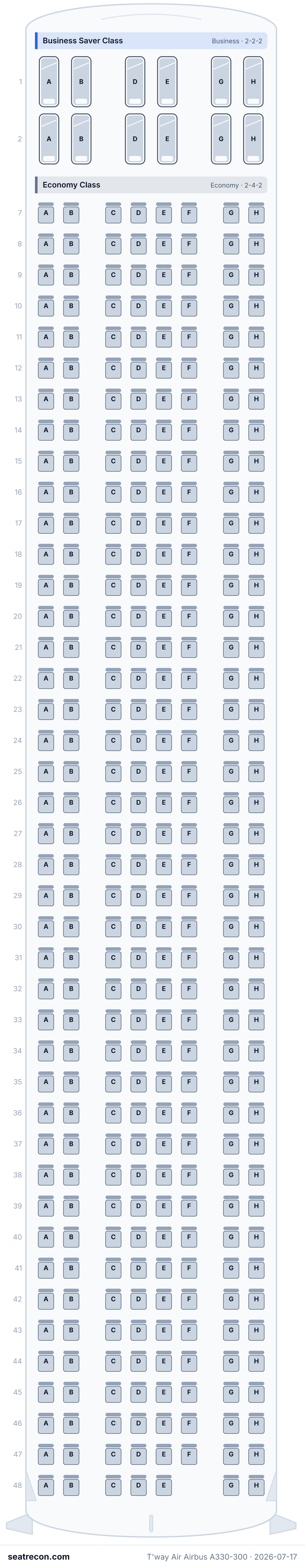 T'way Air Airbus A330-300 seat map diagram — Business Saver Class, Economy Class (347 seats)