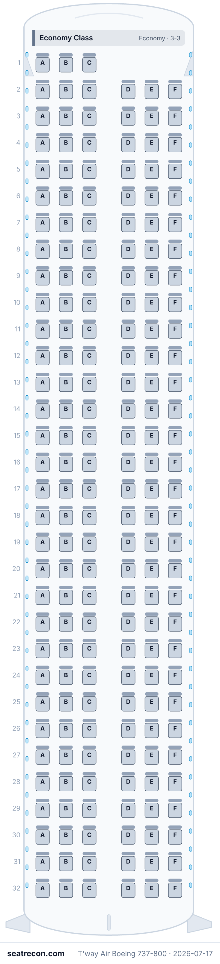 T'way Air Boeing 737-800 seat map diagram — Economy Class (189 seats)