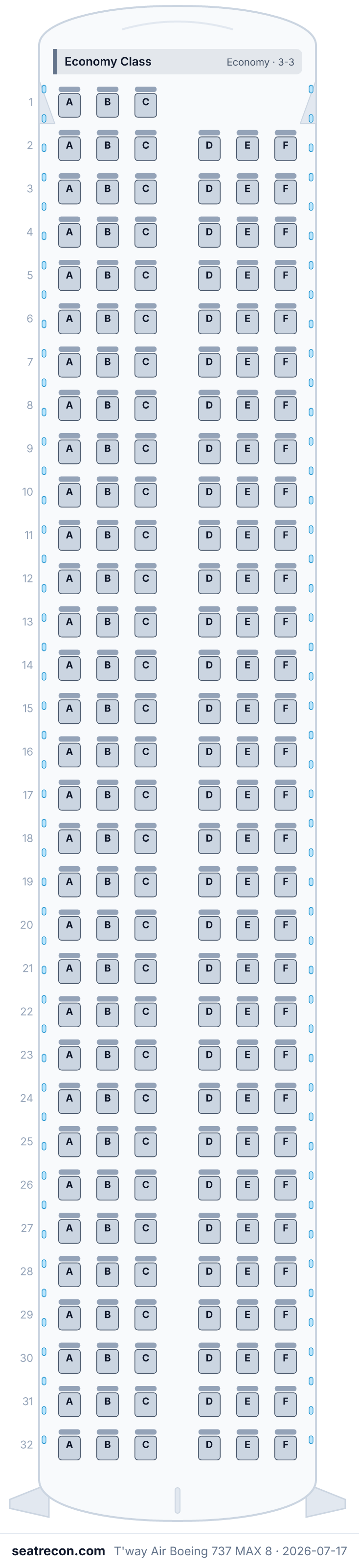 T'way Air Boeing 737 MAX 8 seat map diagram — Economy Class (189 seats)