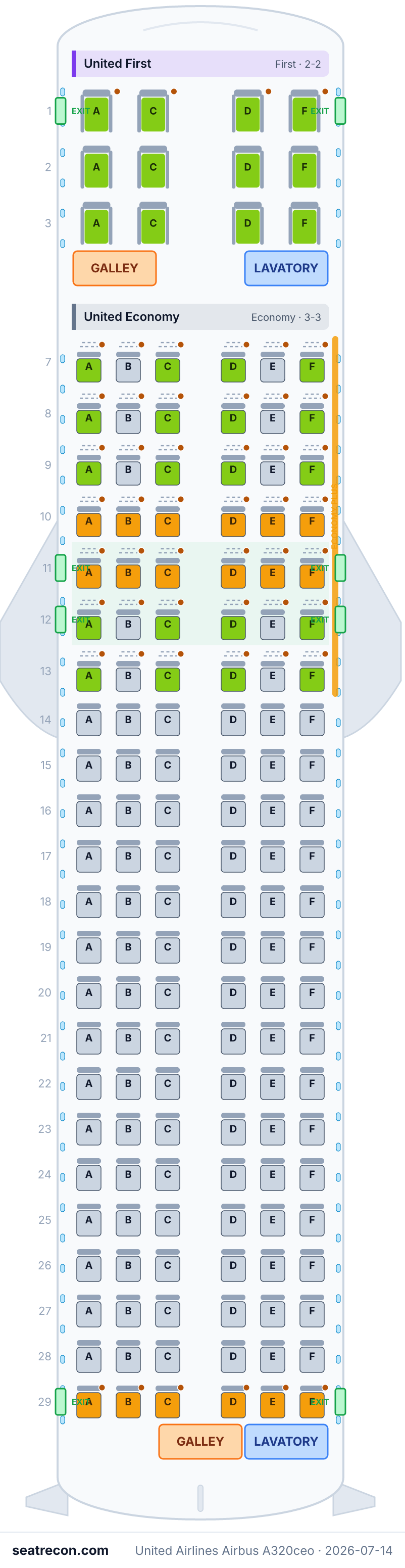 United Airlines Airbus A320ceo seat map diagram — United First, United Economy (150 seats)