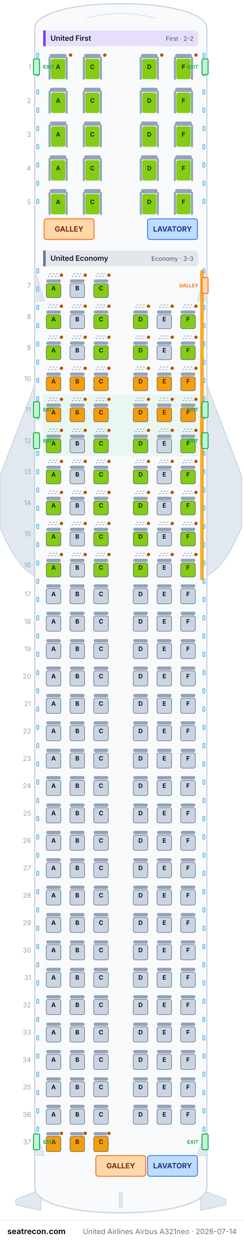 United Airlines Airbus A321neo seat map diagram — United First, United Economy (200 seats)