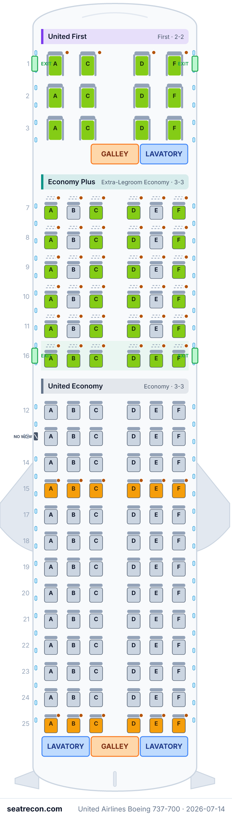 United Airlines Boeing 737-700 seat map diagram — United First, Economy Plus, United Economy (126 seats)