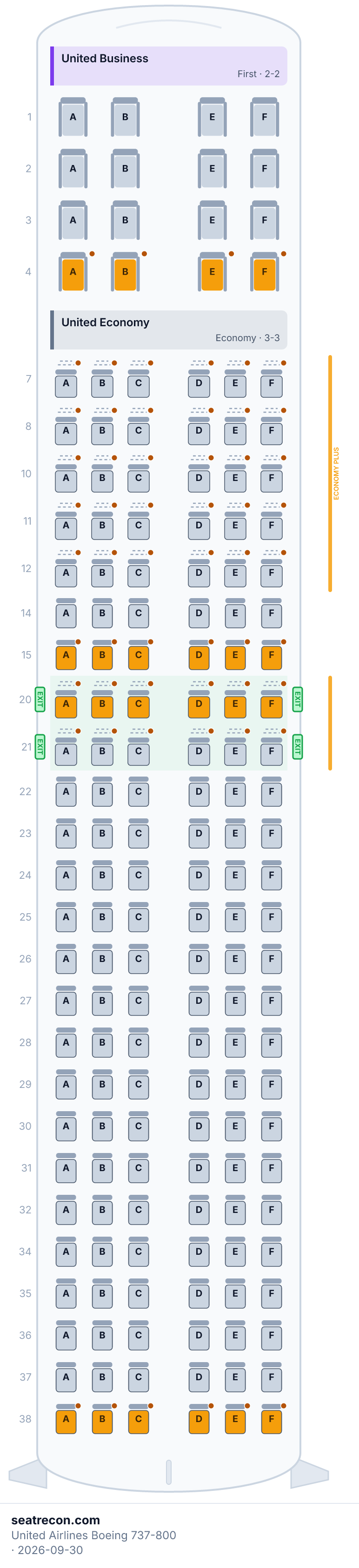 United Airlines Boeing 737-800 seat map diagram — United Business, United Economy (166 seats)