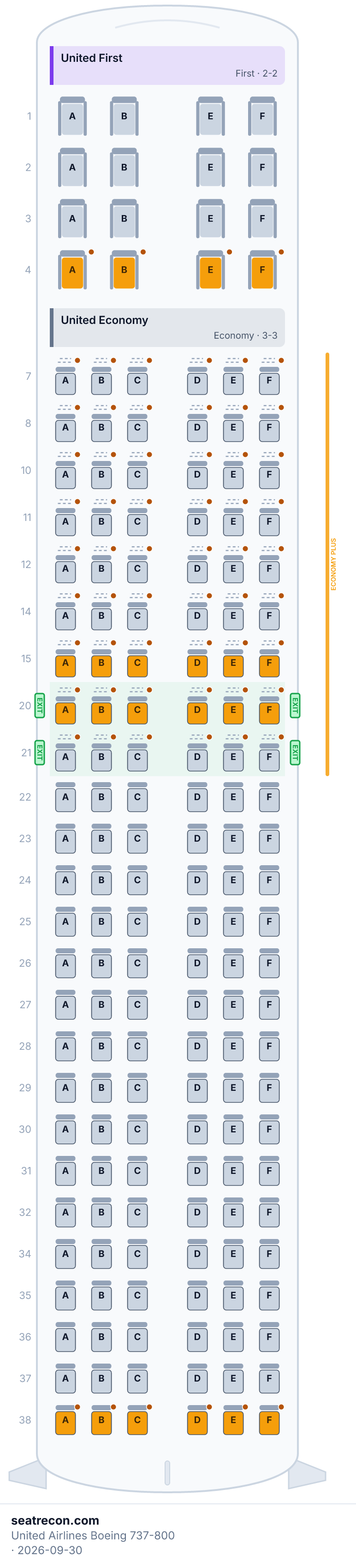 United Airlines Boeing 737-800 seat map diagram — United First, United Economy (166 seats)