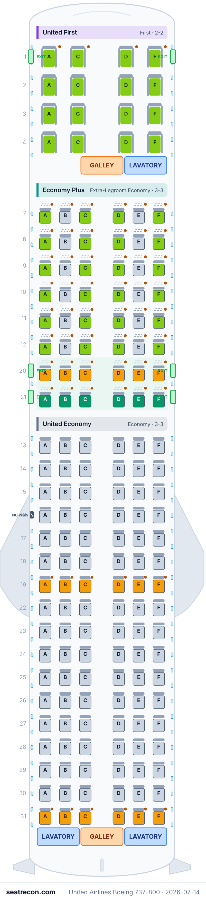 United Airlines Boeing 737-800 seat map diagram — United First, Economy Plus, United Economy (166 seats)