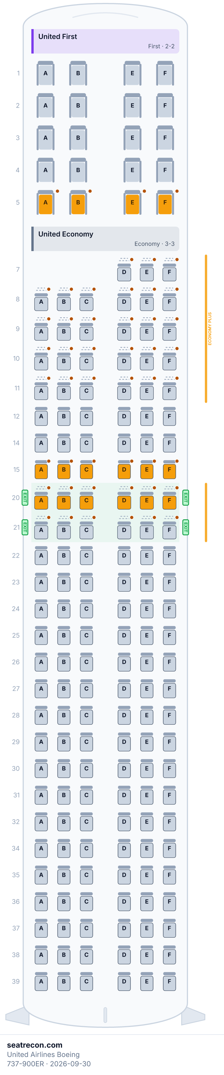 United Airlines Boeing 737-900ER seat map diagram — United First, United Economy (179 seats)