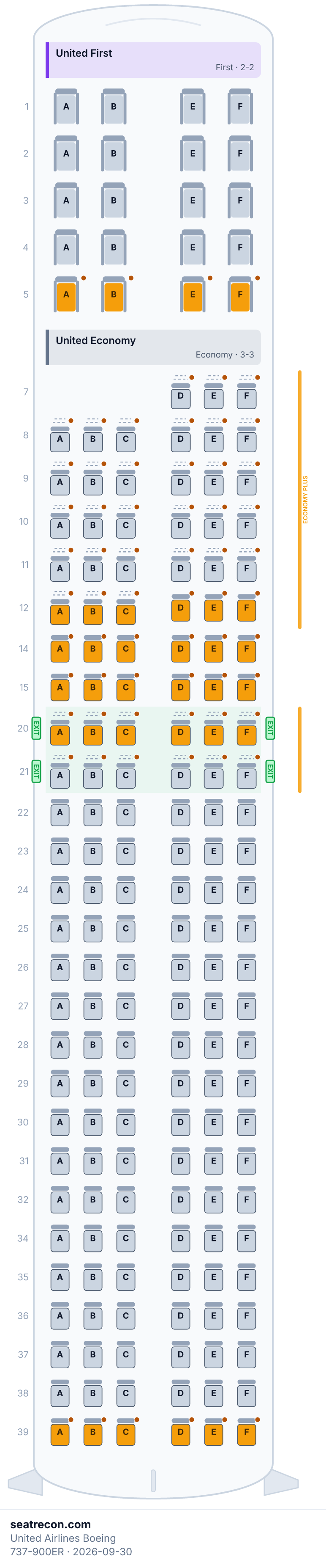 United Airlines Boeing 737-900ER seat map diagram — United First, United Economy (179 seats)