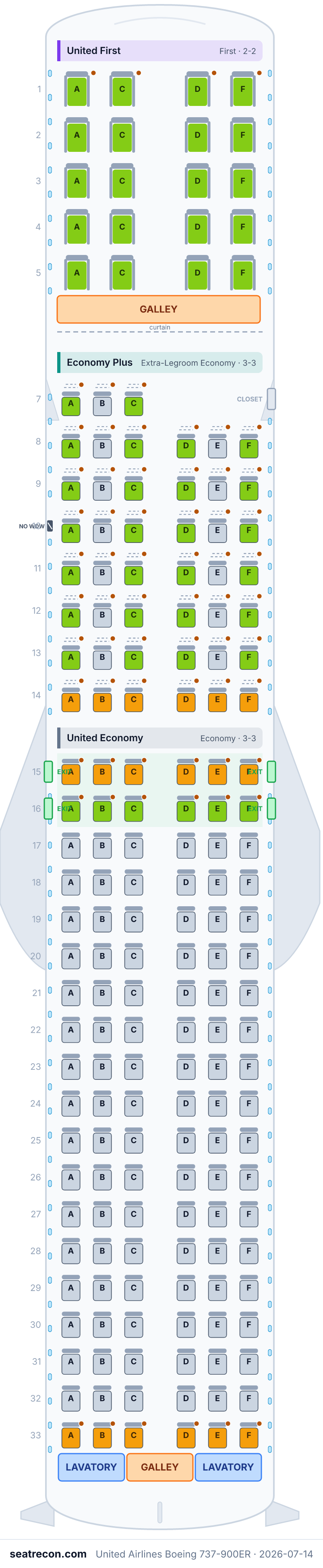 United Airlines Boeing 737-900ER seat map diagram — United First, Economy Plus, United Economy (179 seats)