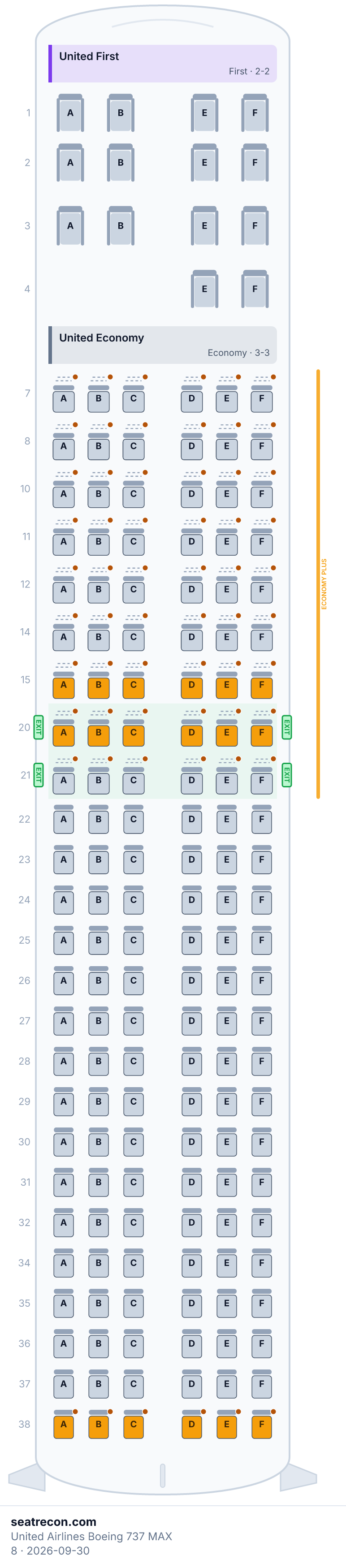 United Airlines Boeing 737 MAX 8 seat map diagram — United First, United Economy (164 seats)