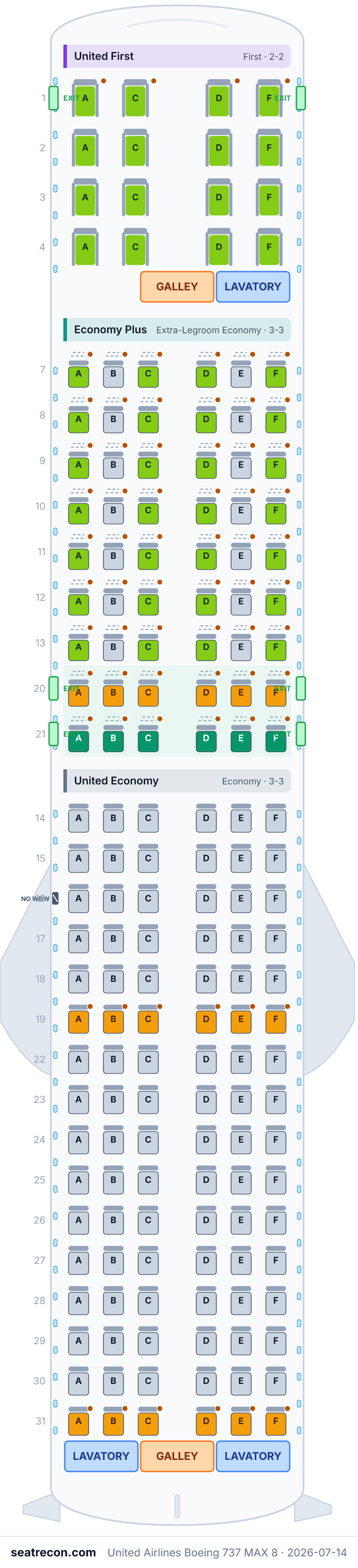 United Airlines Boeing 737 MAX 8 seat map diagram — United First, Economy Plus, United Economy (166 seats)