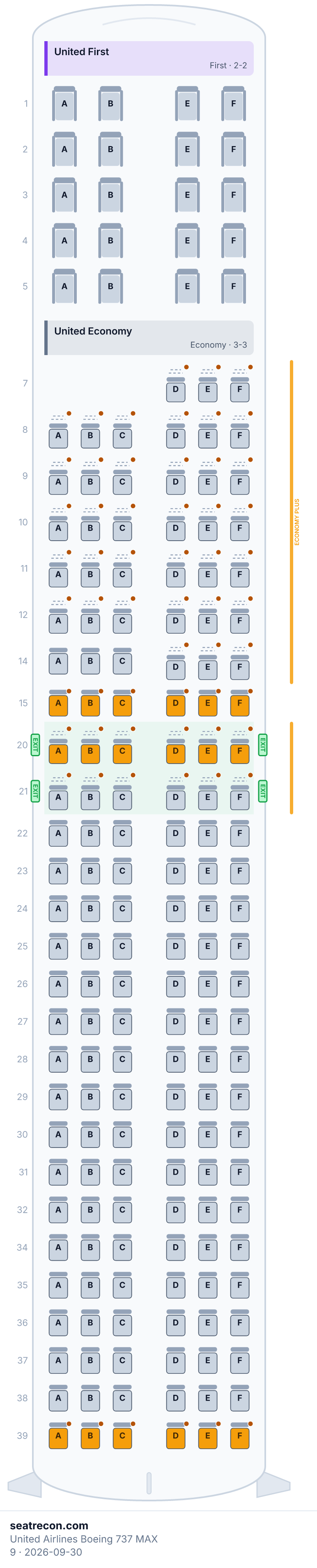 United Airlines Boeing 737 MAX 9 seat map diagram — United First, United Economy (179 seats)