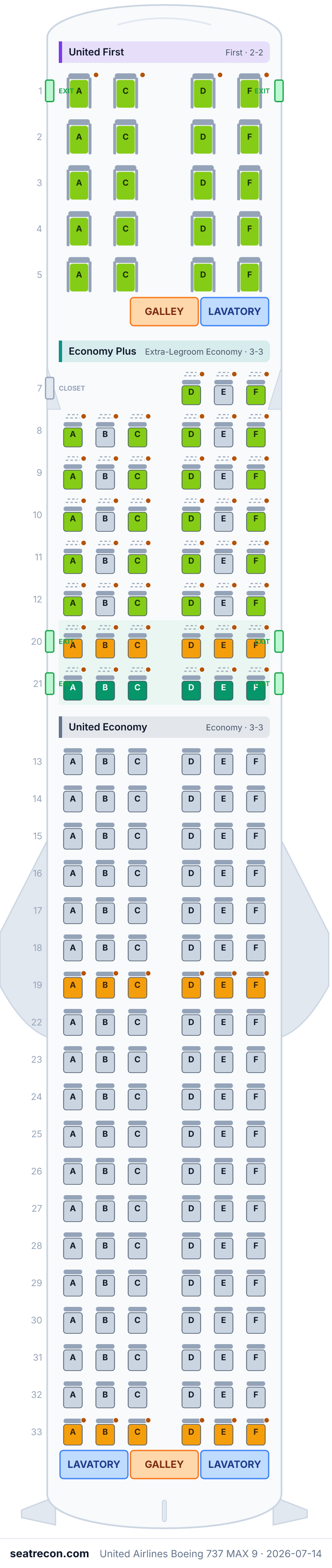 United Airlines Boeing 737 MAX 9 seat map diagram — United First, Economy Plus, United Economy (179 seats)