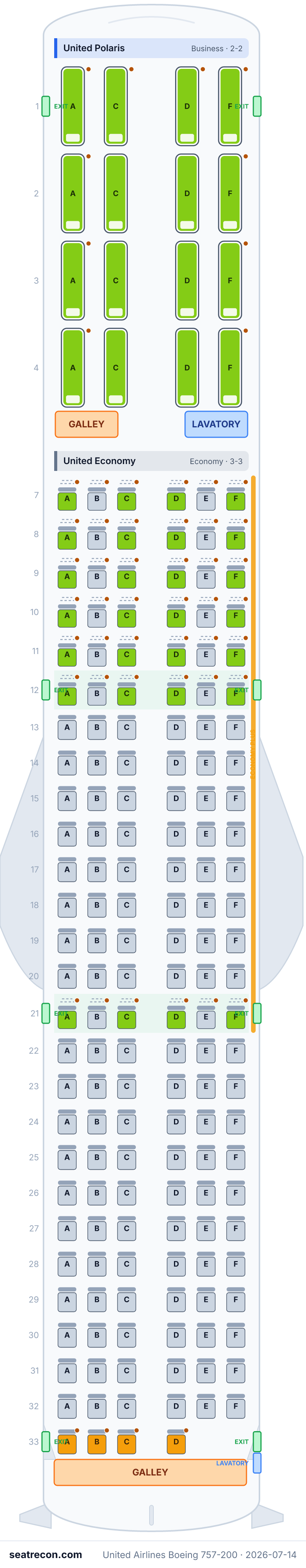 United Airlines Boeing 757-200 seat map diagram — United Polaris, United Economy (176 seats)