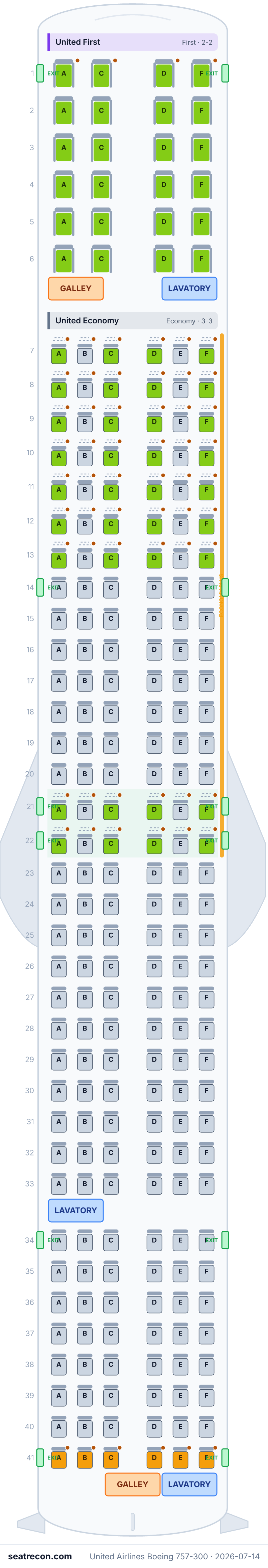 United Airlines Boeing 757-300 seat map diagram — United First, United Economy (234 seats)