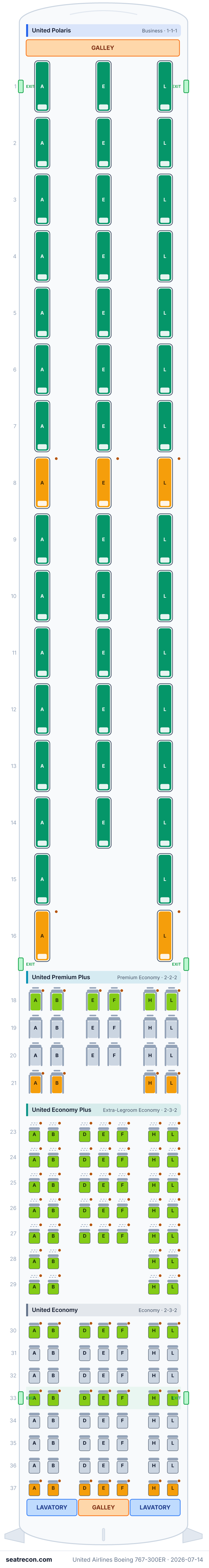 United Airlines Boeing 767-300ER seat map diagram — United Polaris, United Premium Plus, United Economy Plus, United Economy (167 seats)