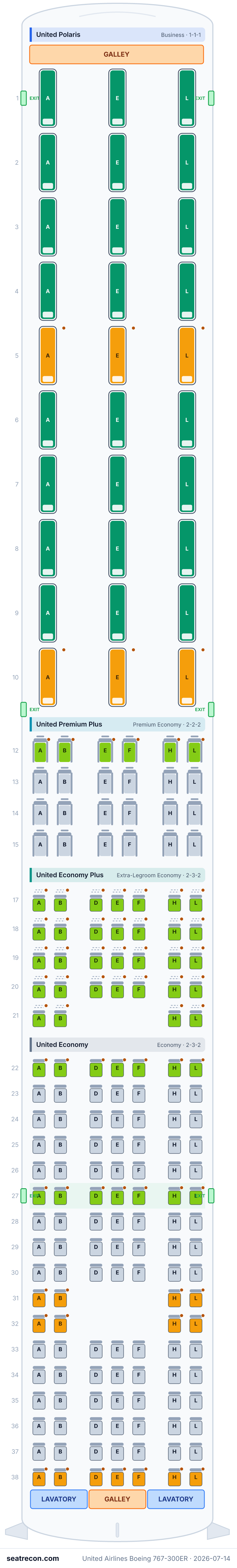 United Airlines Boeing 767-300ER seat map diagram — United Polaris, United Premium Plus, United Economy Plus, United Economy (199 seats)