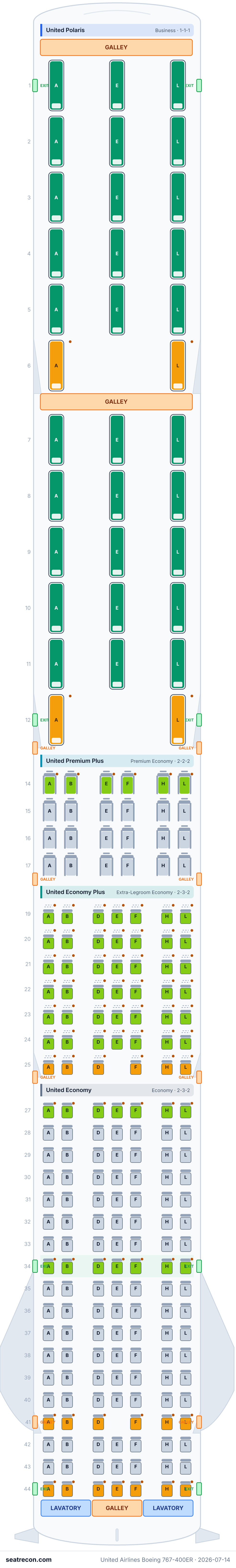 United Airlines Boeing 767-400ER seat map diagram — United Polaris, United Premium Plus, United Economy Plus, United Economy (231 seats)