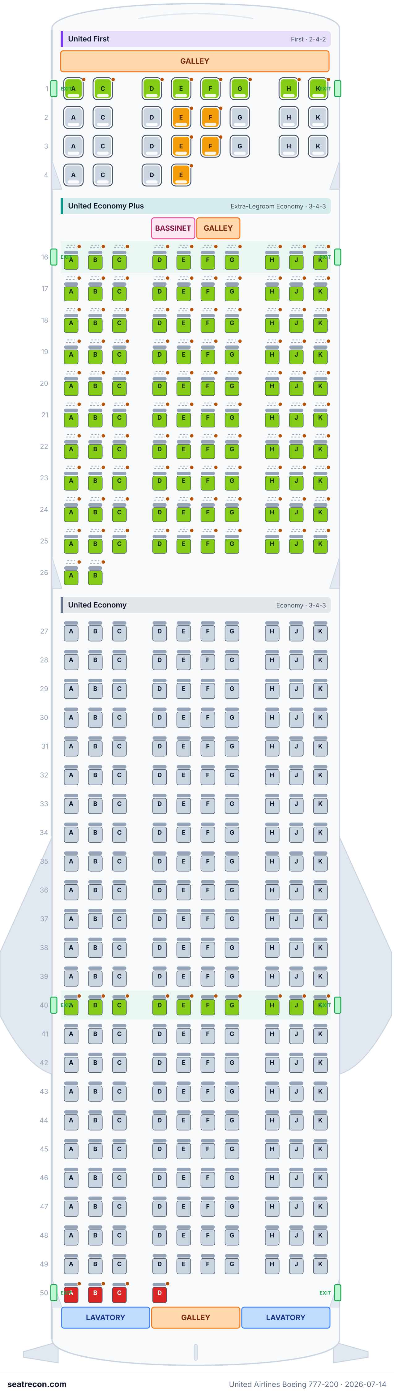 United Airlines Boeing 777-200 seat map diagram — United First, United Economy Plus, United Economy (364 seats)