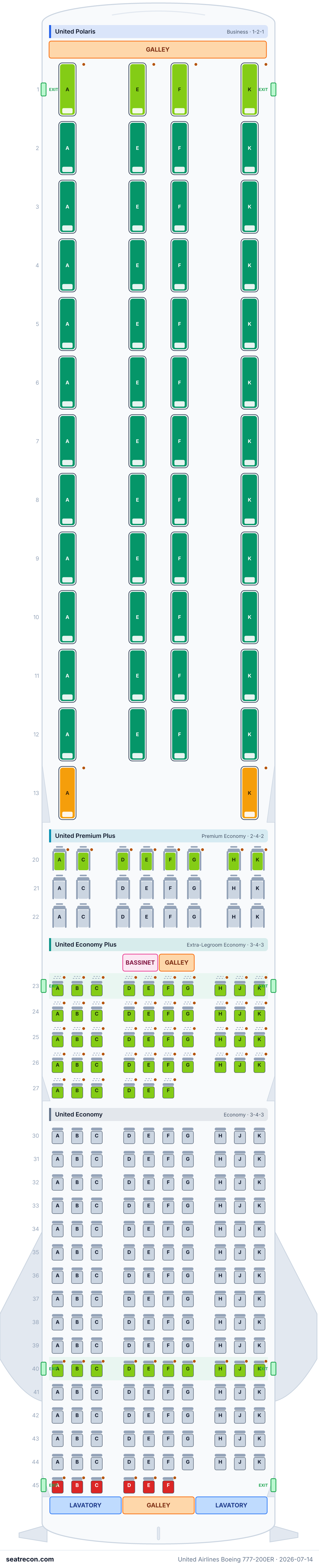 United Airlines Boeing 777-200ER seat map diagram — United Polaris, United Premium Plus, United Economy Plus, United Economy (276 seats)