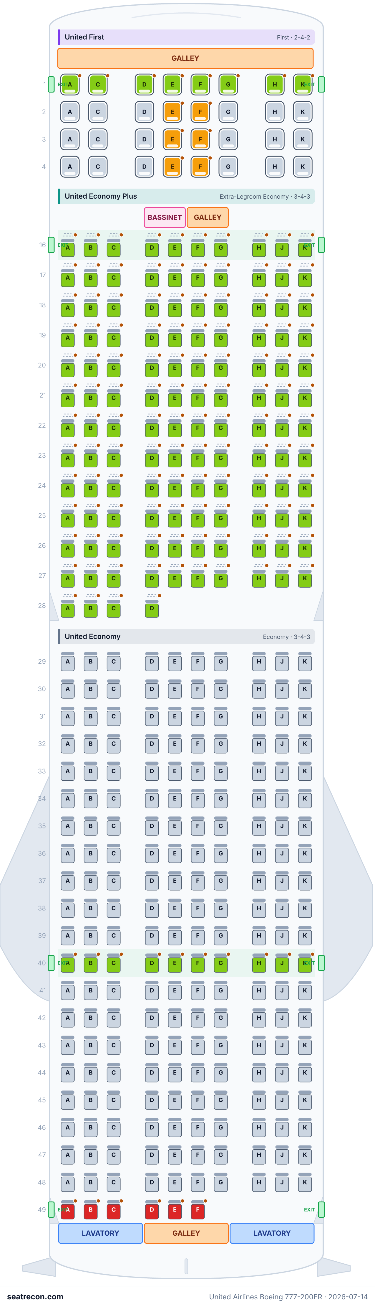 United Airlines Boeing 777-200ER seat map diagram — United First, United Economy Plus, United Economy (362 seats)