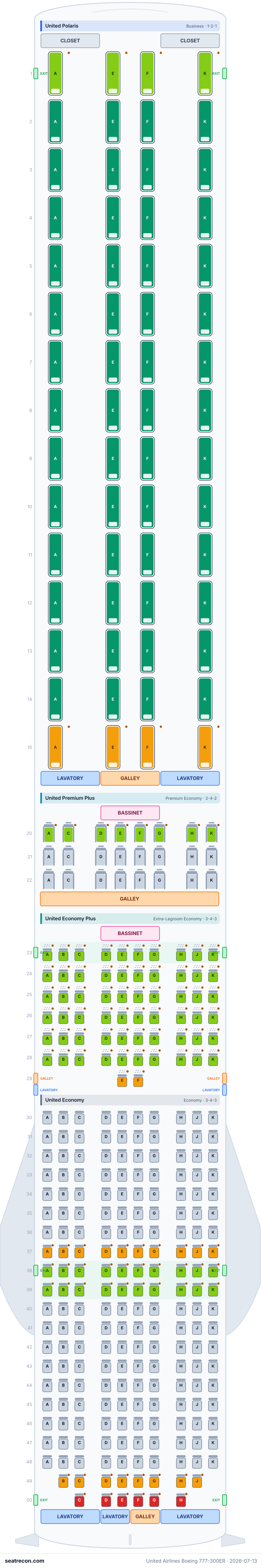 United Airlines Boeing 777-300ER seat map diagram — United Polaris, United Premium Plus, United Economy Plus, United Economy (350 seats)