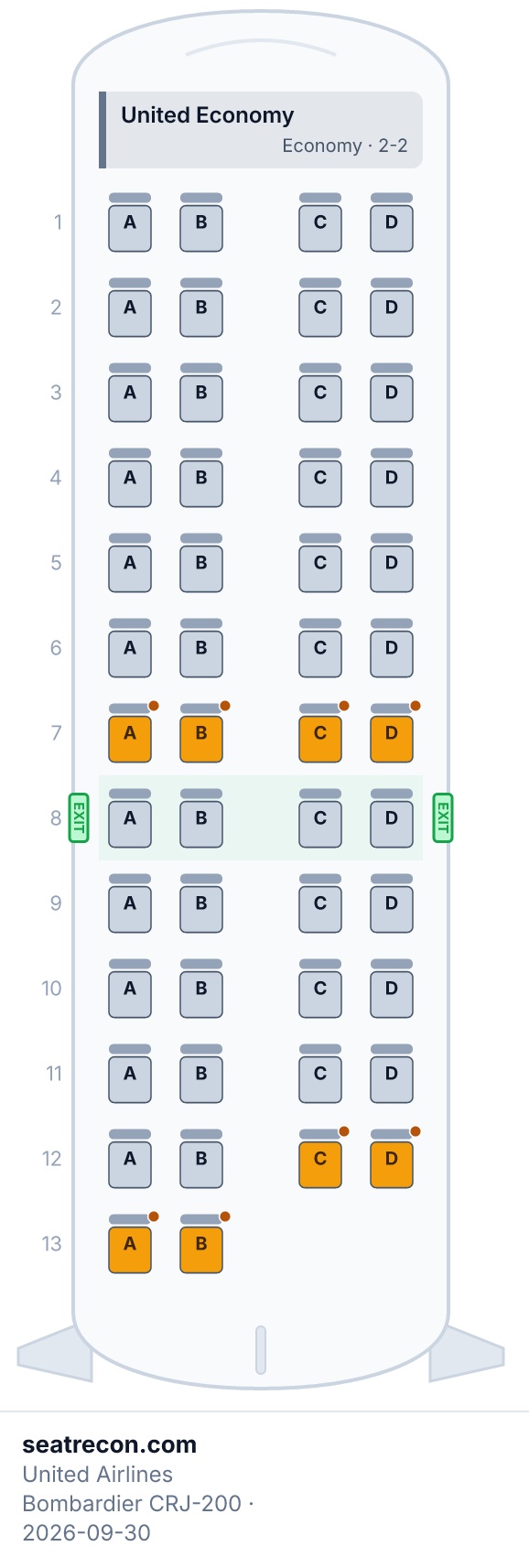 United Airlines Bombardier CRJ-200 seat map diagram — United Economy (50 seats)