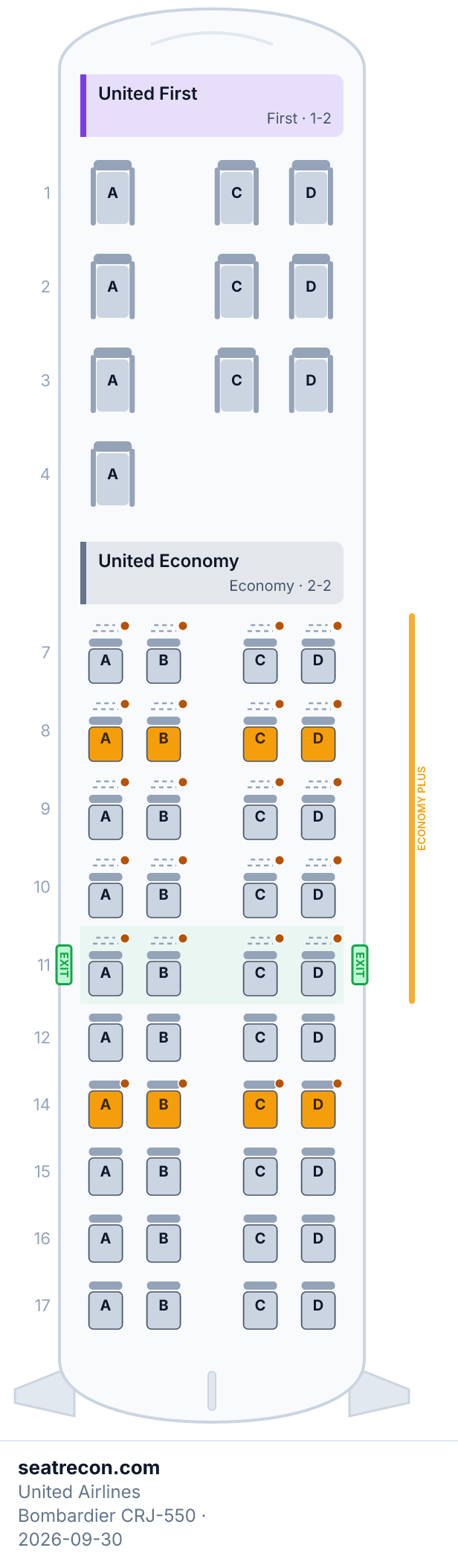 United Airlines Bombardier CRJ-550 seat map diagram — United First, United Economy (50 seats)