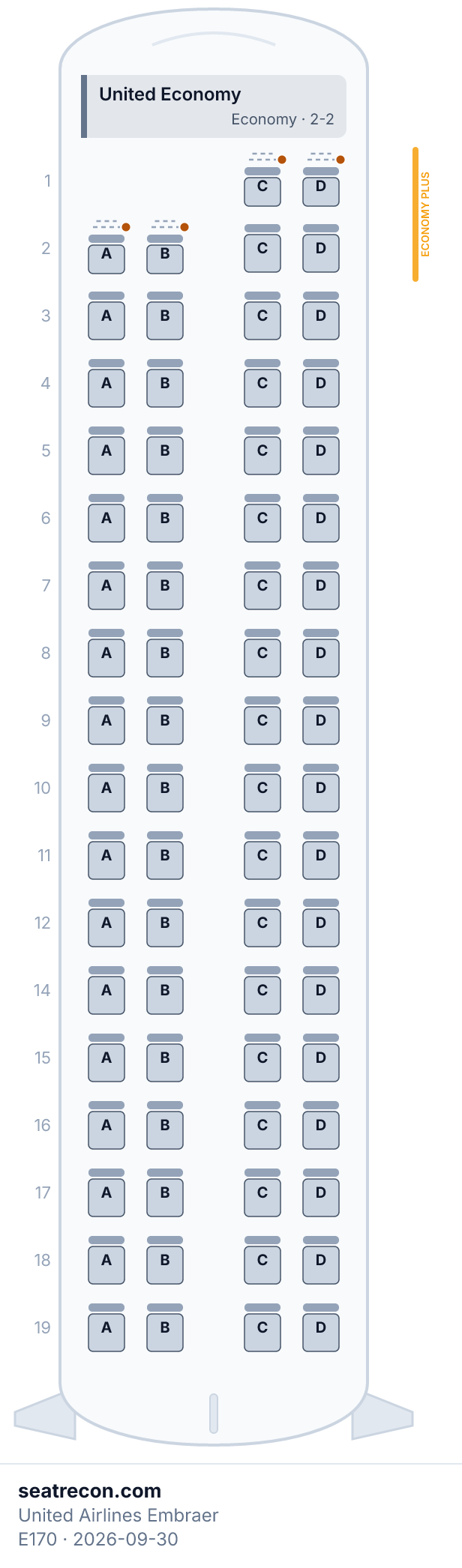 United Airlines Embraer E170 seat map diagram — United Economy (70 seats)